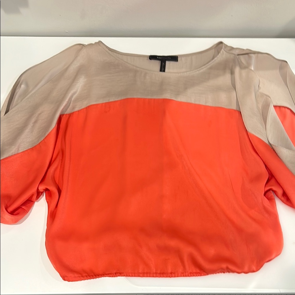 BCBG Orange Tan Split Sleeve Flowy Blouse